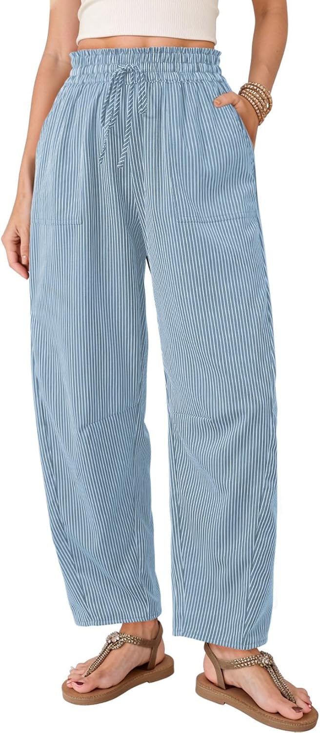 Ulmer Women's Striped Barrel-Leg Trousers – Paper-Bag Waist, Drawstring & Handy Pockets