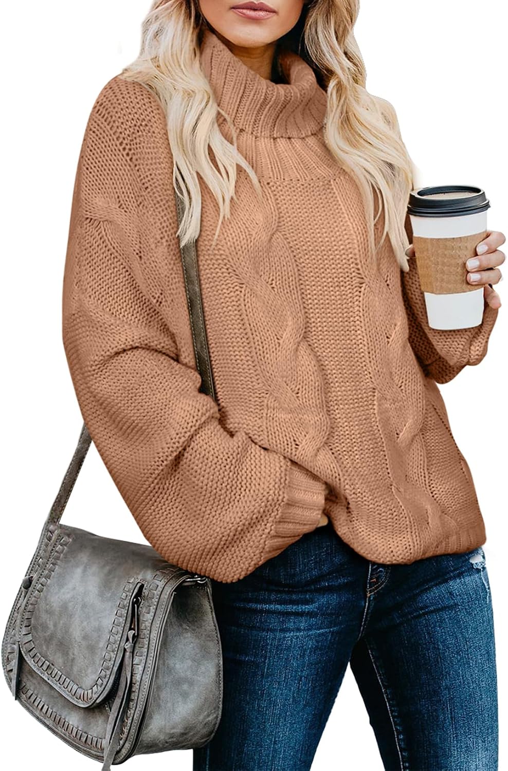 Genevra Women's Cable Knit Turtleneck Sweater – Dolman Sleeves, Cropped Fit & Ribbed Hem