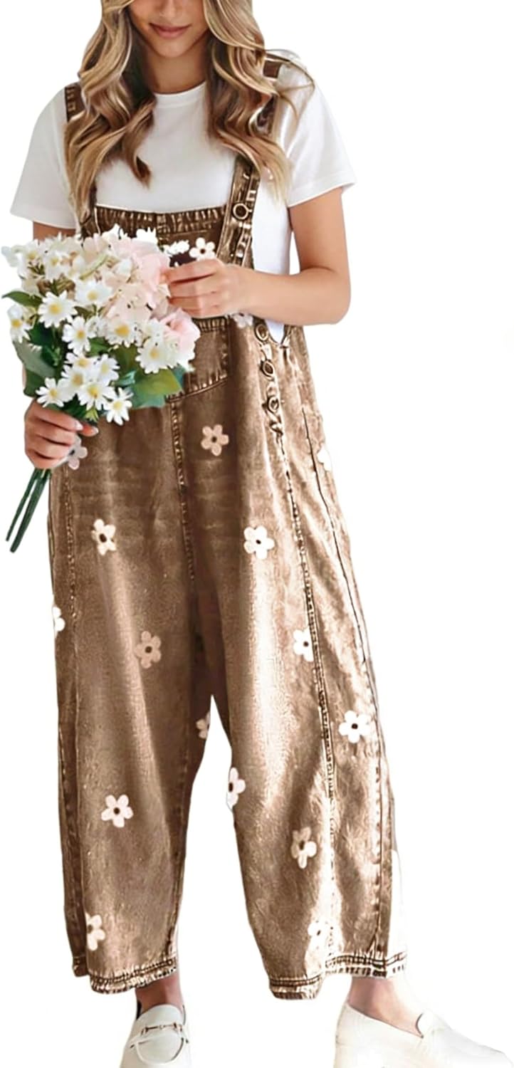 Kingsley Women's Floral Denim Overalls – Wide Leg, Adjustable Straps & Multiple Handy Pockets
