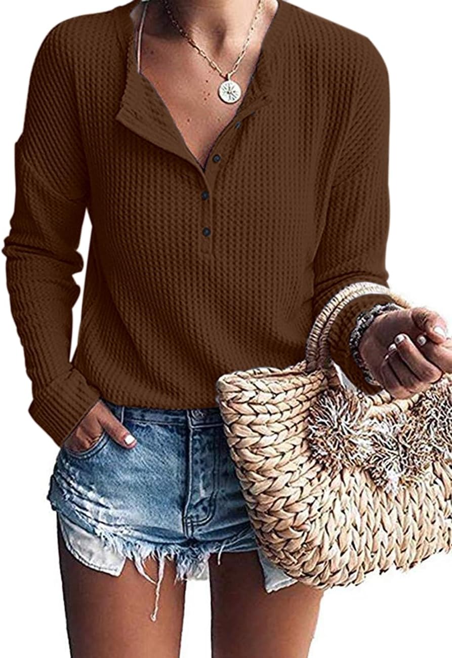 Bram Women's Waffle Knit Henley Top – V-Neckline, Dolman Sleeves & Easy Fit