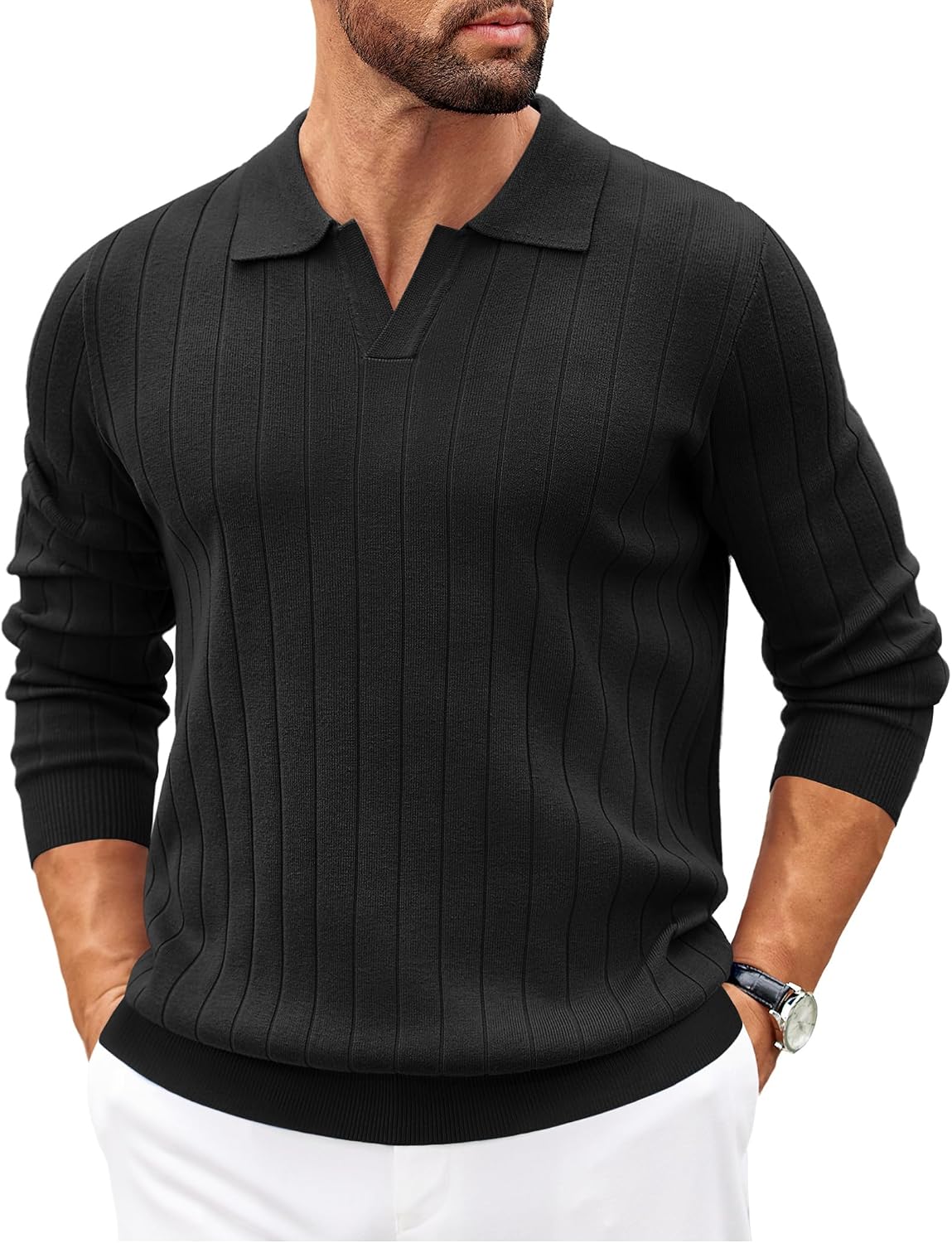 Sawyer Men's Knit Polo Sweater – V-Neckline Collar, Wide Stripe Texture & Ribbed Detailing