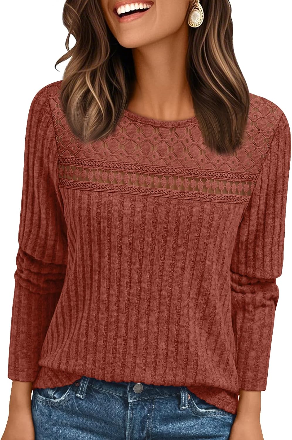 Cormac Women's Lace Ribbed Top – Crewneck, Full-Length Sleeves & Fitted Silhouette