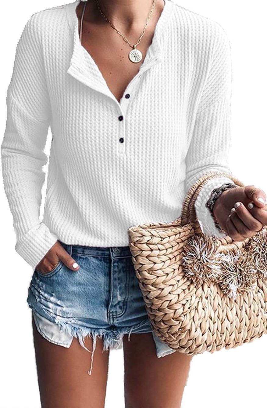 Bram Women's Waffle Knit Henley Top – V-Neckline, Dolman Sleeves & Easy Fit