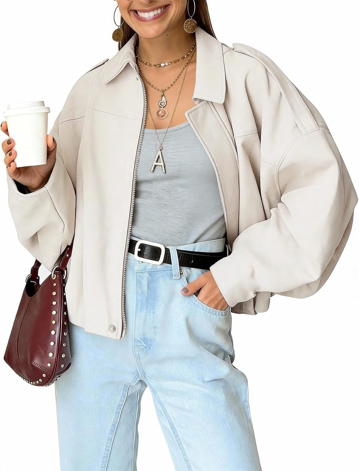 Pruitt Women's Faux Suede Bomber Jacket – Cropped Fit, Dolman Sleeves & Zip-Up Front