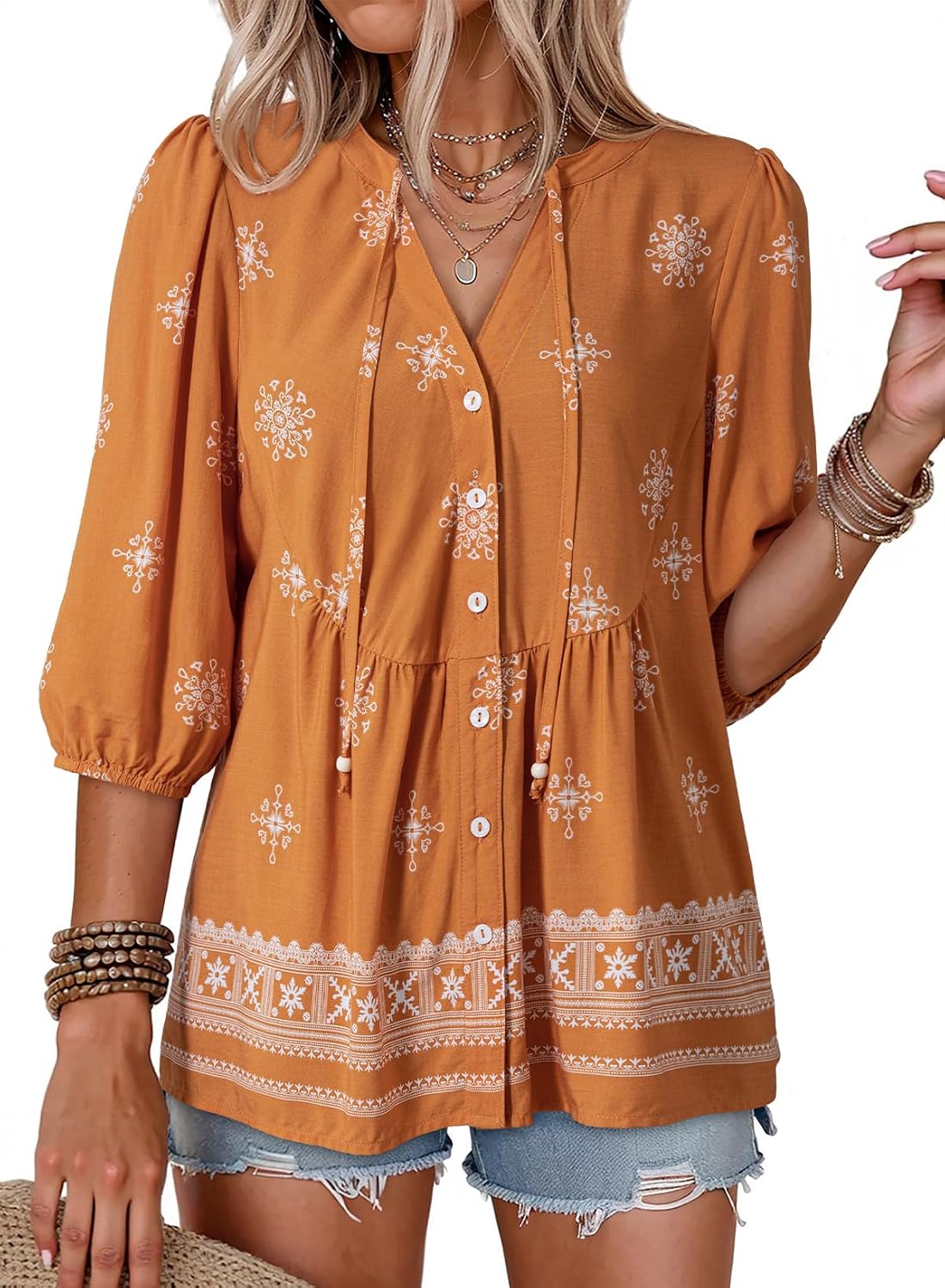 Blythe Women's Floral Peplum Blouse – V-Neckline, Tie Front & Button-Down Design