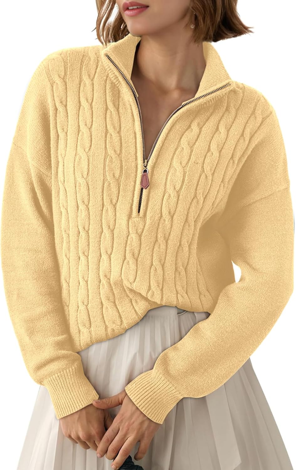 Philippa Women's Ribbed Quarter-Zip Sweater – V-Neckline, Dropped-Shoulder Design & Easy Fit