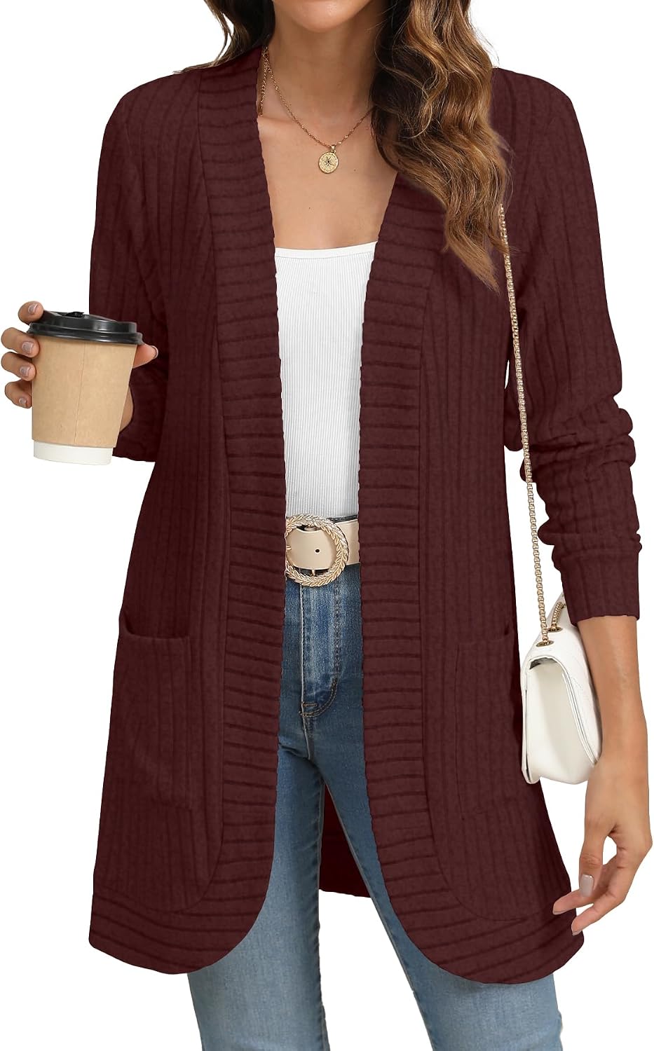 Elspeth Women's Ribbed Open-Front Cardigan – Full-Length Sleeves, Relaxed Silhouette & Side Slip Pockets