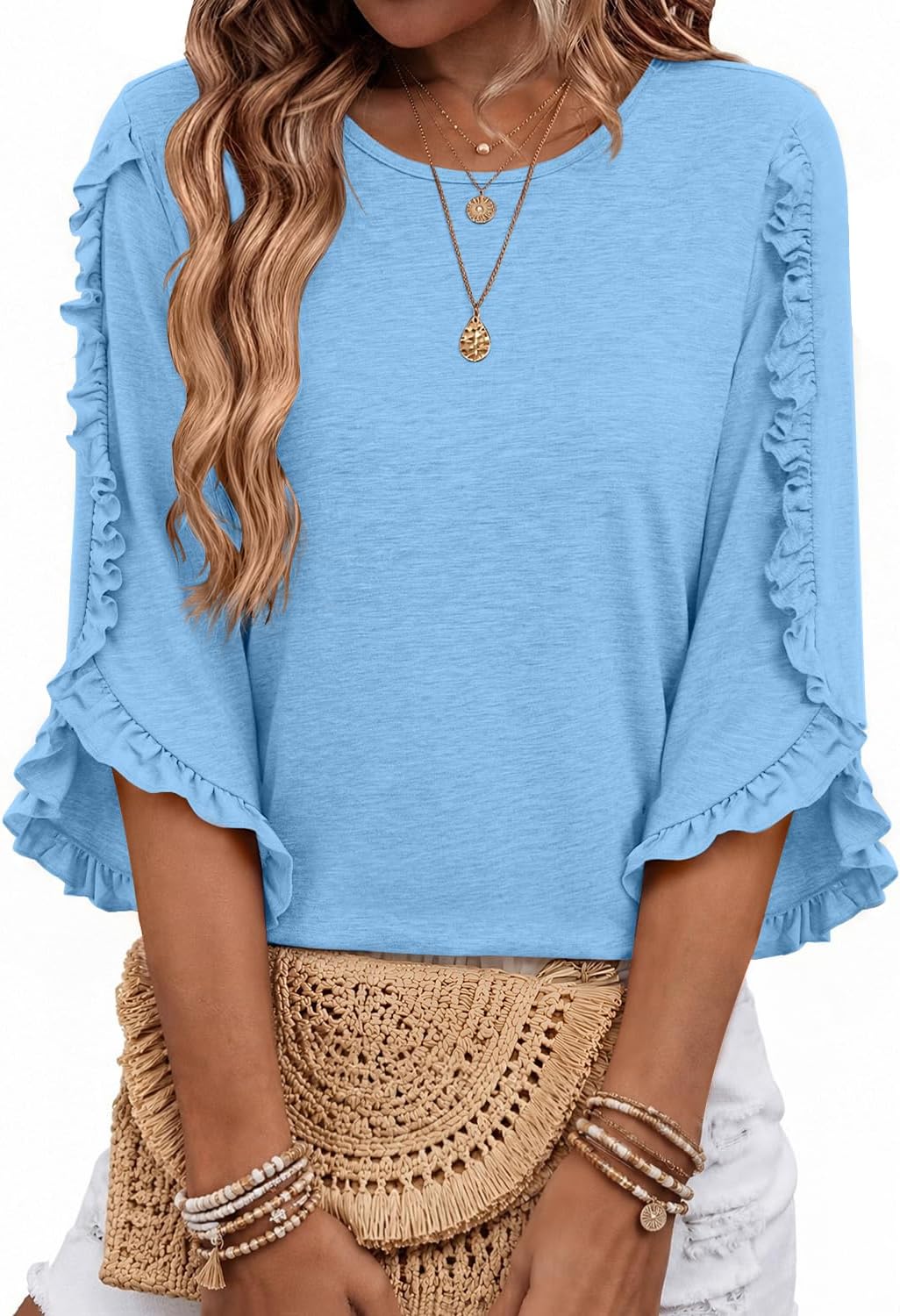 Garrick Women's Ruffle Trim Top – Round Neckline, 3/4 Sleeves & Easy Fit
