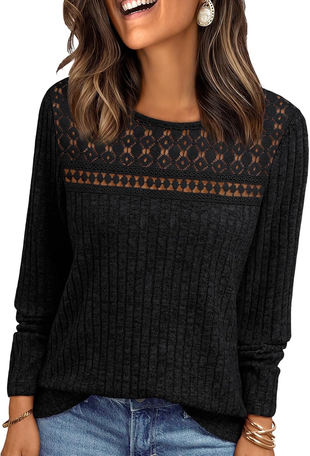 Cormac Women's Lace Ribbed Top – Crewneck, Full-Length Sleeves & Fitted Silhouette