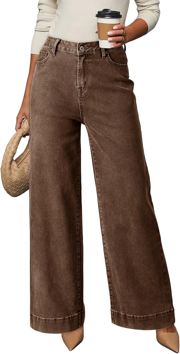 Elowen Women's High-Waisted Jeans – Straight Wide Leg, Stretch Denim & 5 Handy Pockets