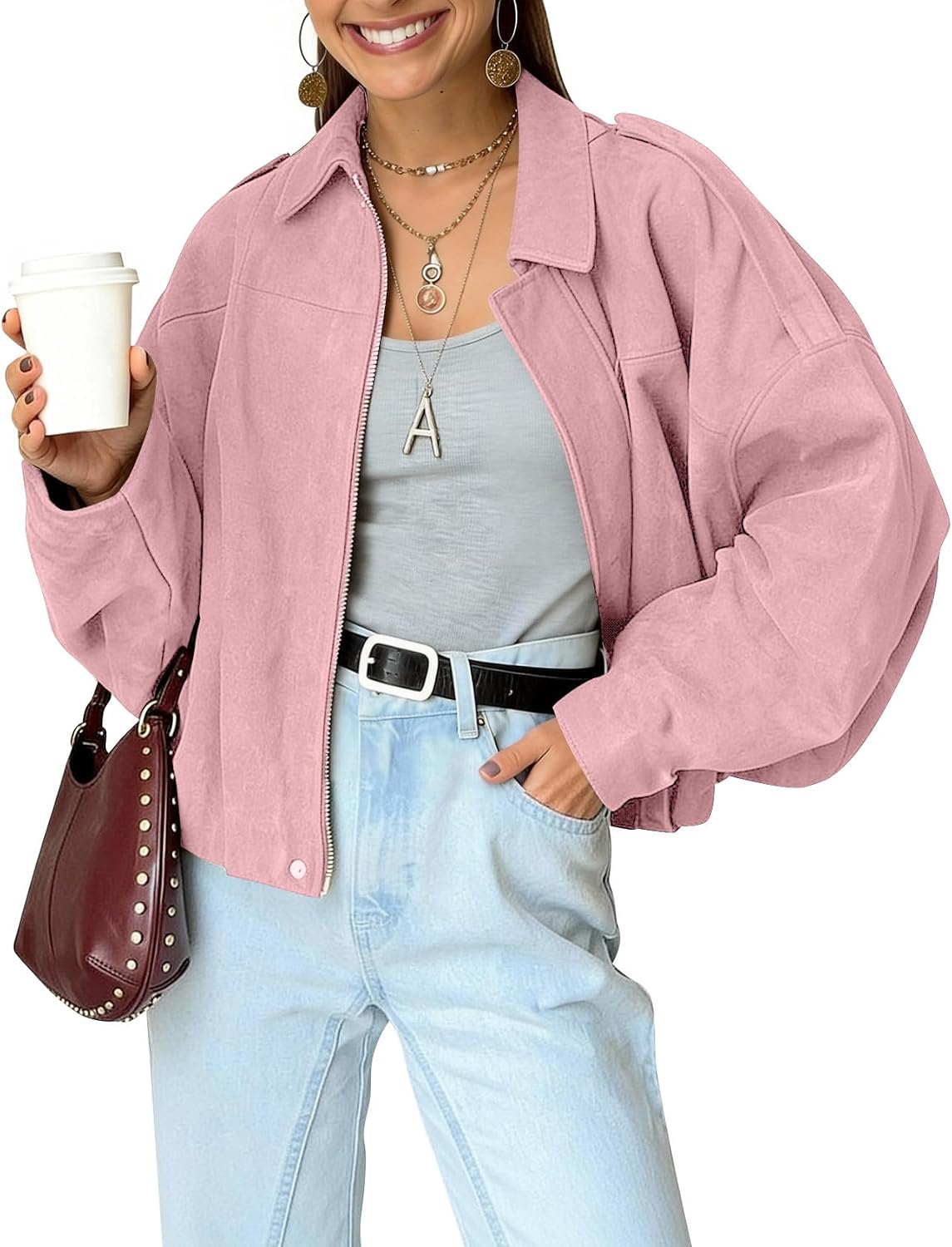 Pruitt Women's Faux Suede Bomber Jacket – Cropped Fit, Dolman Sleeves & Zip-Up Front