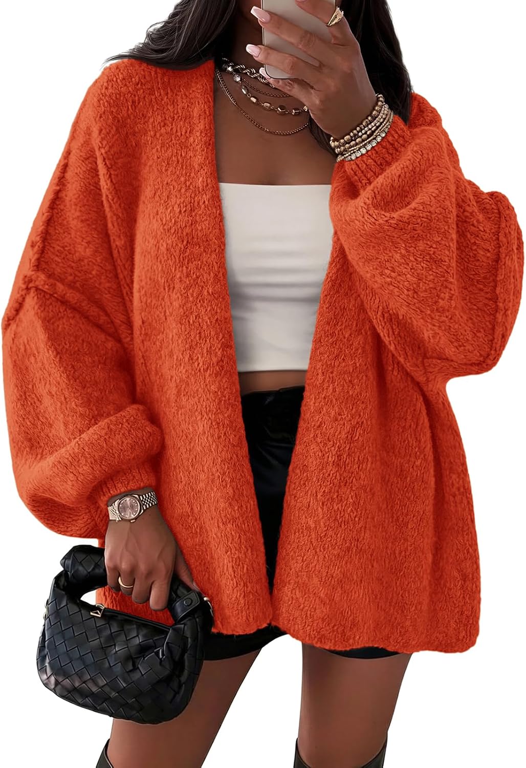 Thea Women's Oversized Cardigan – Balloon Sleeves, Dropped-Shoulder Design & Open-Front Design