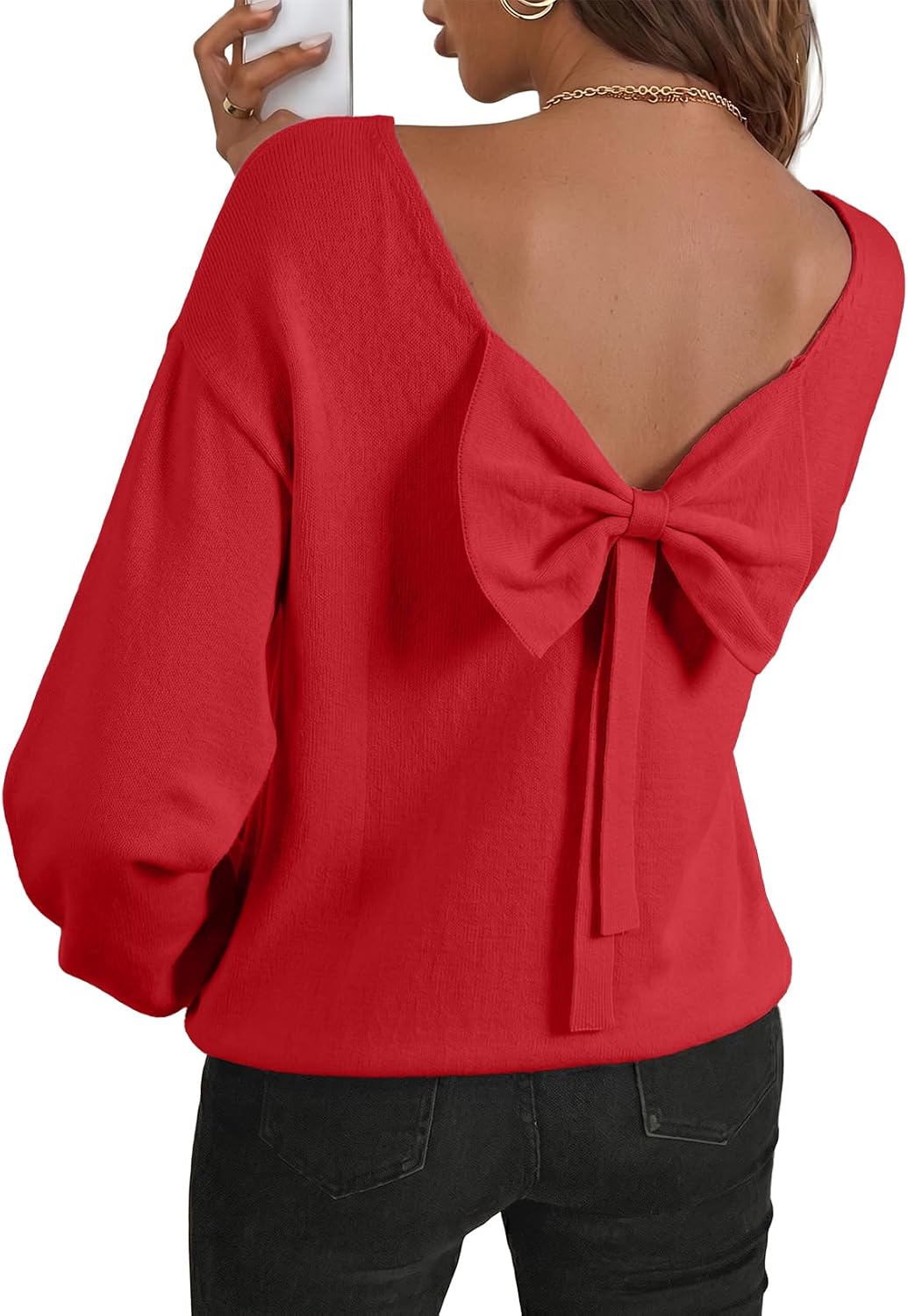 Cormac Women's Back Bow Knit Sweater – Open Back, Balloon Sleeves & Comfortable Fit