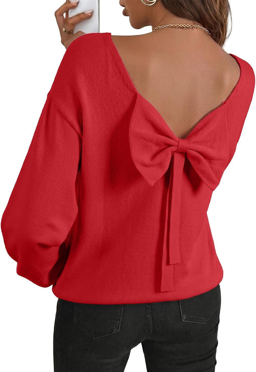 Cormac Women's Back Bow Knit Sweater – Open Back, Balloon Sleeves & Comfortable Fit