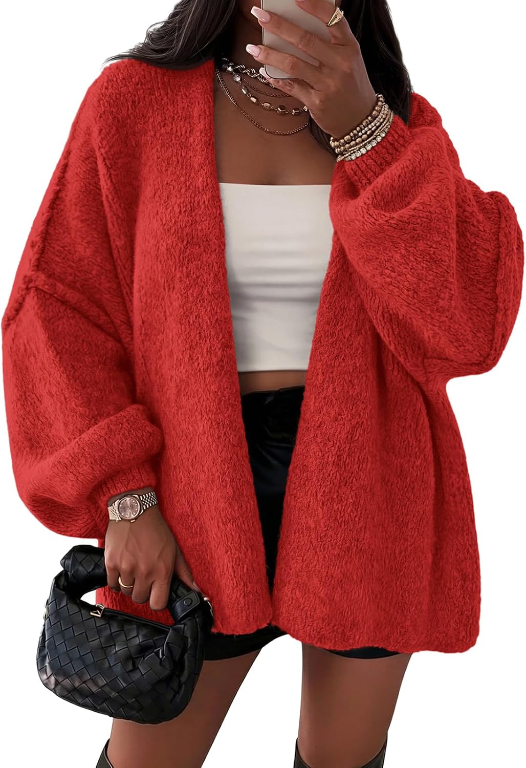 Thea Women's Oversized Cardigan – Balloon Sleeves, Dropped-Shoulder Design & Open-Front Design
