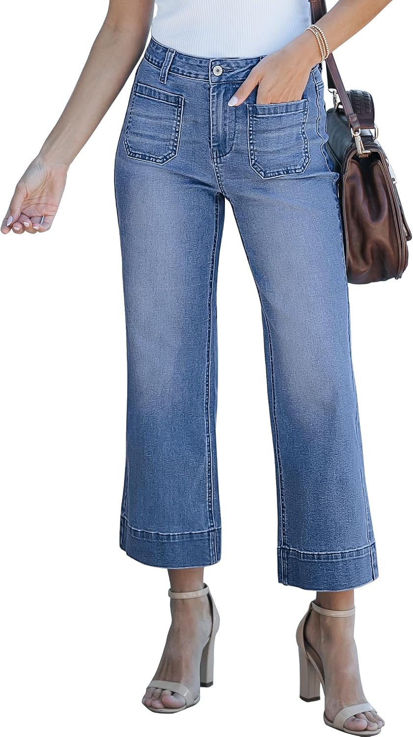 Fenna Women's White Wide-Leg Jeans – High-Rise Waist, Stretch Denim & Patch Handy Pockets