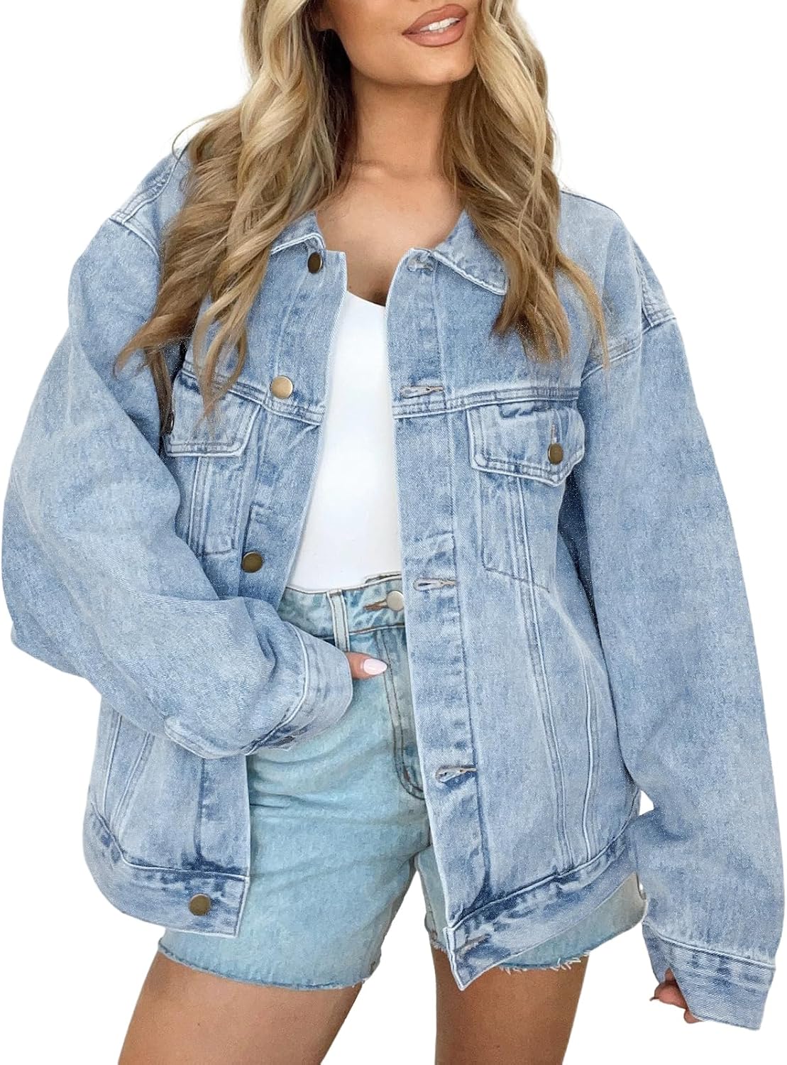 Oakley Women's Distressed Denim Jacket – Loose Silhouette, Front Chest Pockets & Dropped-Shoulder Design