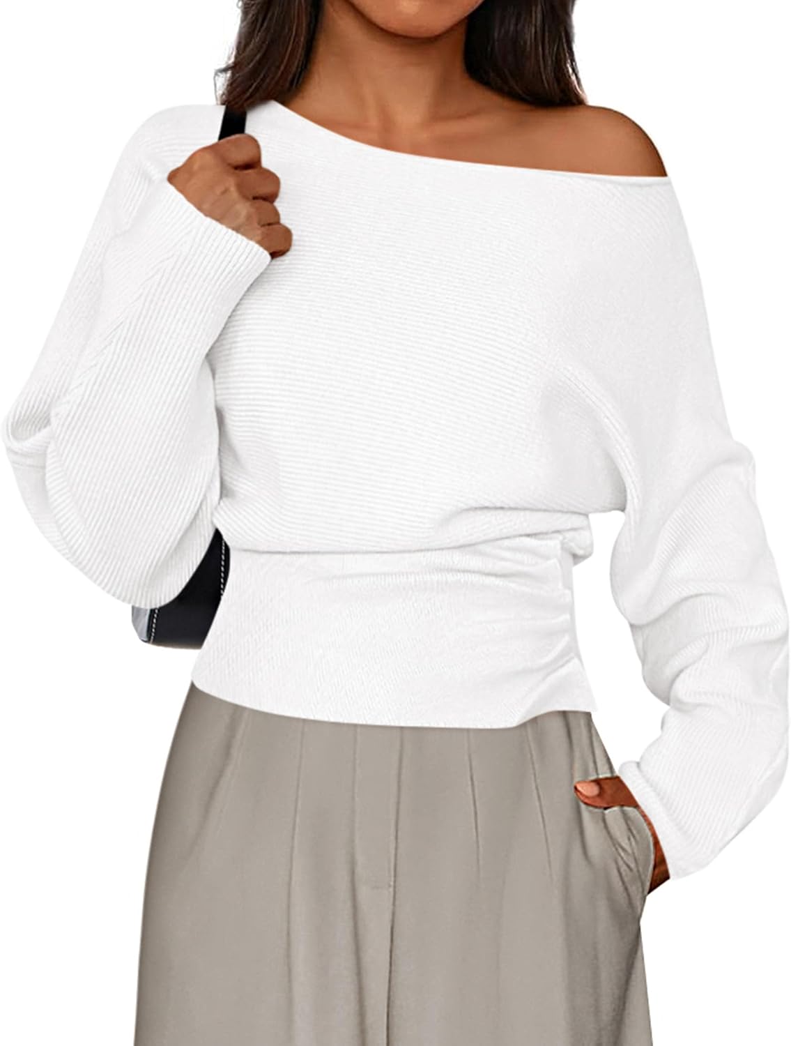 Delaney Women's Off-Shoulder Sweater – Ribbed Knit Fabric, Full-Length Sleeves & Fitted Waist