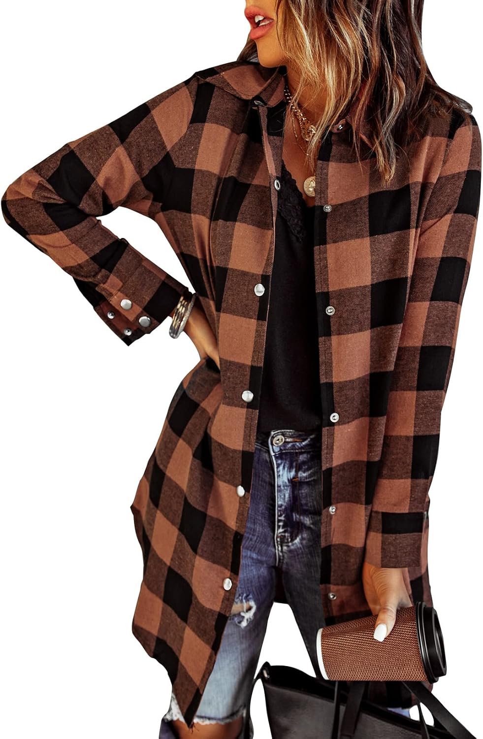 Griselda Women's Plaid Shacket – Button-Up Front, Boyfriend Fit & Handy Pockets