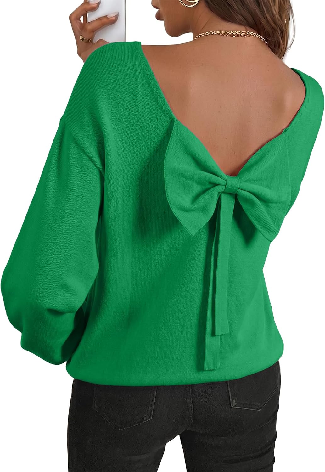 Cormac Women's Back Bow Knit Sweater – Open Back, Balloon Sleeves & Comfortable Fit