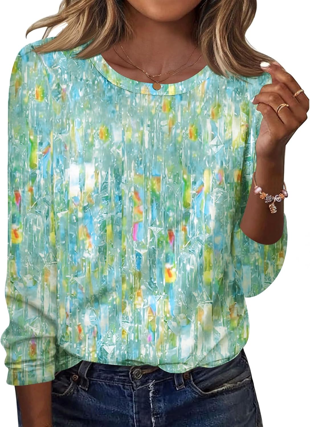 Anders Women's Printed Long Sleeve Top – Crewneck, Curved Hem & Easy Fit
