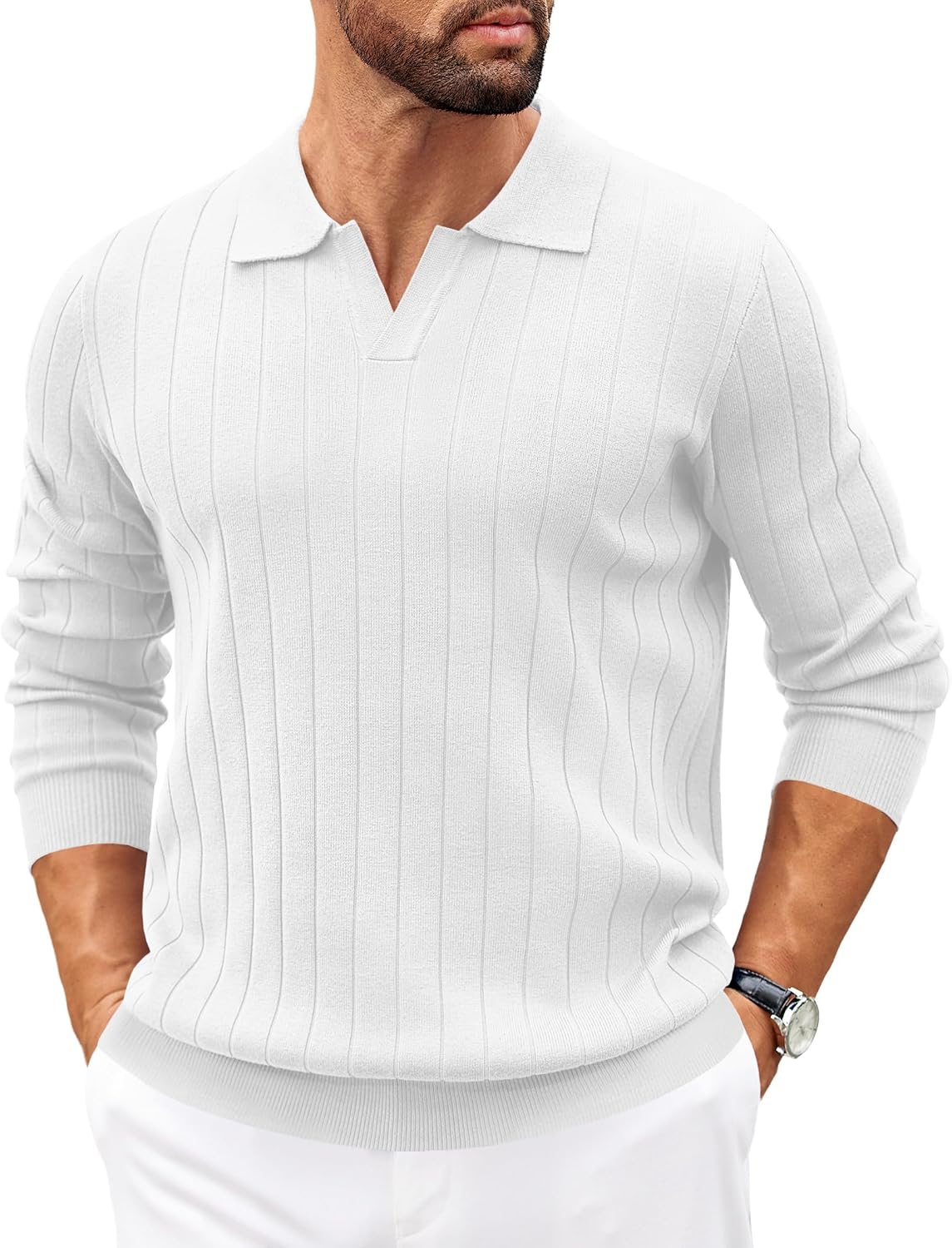 Sawyer Men's Knit Polo Sweater – V-Neckline Collar, Wide Stripe Texture & Ribbed Detailing