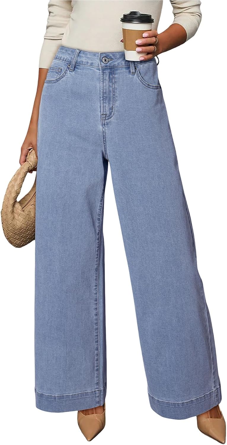 Elowen Women's High-Waisted Jeans – Straight Wide Leg, Stretch Denim & 5 Handy Pockets