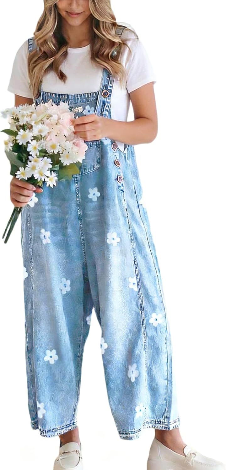 Kingsley Women's Floral Denim Overalls – Wide Leg, Adjustable Straps & Multiple Handy Pockets