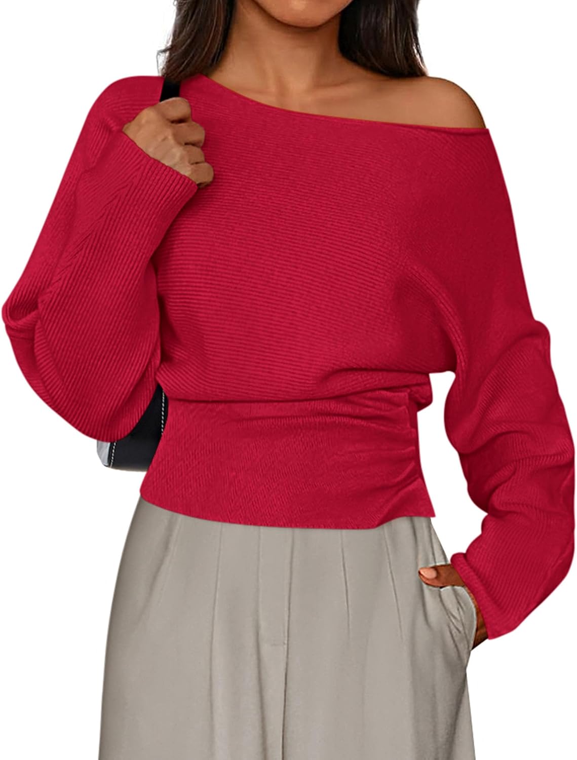 Delaney Women's Off-Shoulder Sweater – Ribbed Knit Fabric, Full-Length Sleeves & Fitted Waist