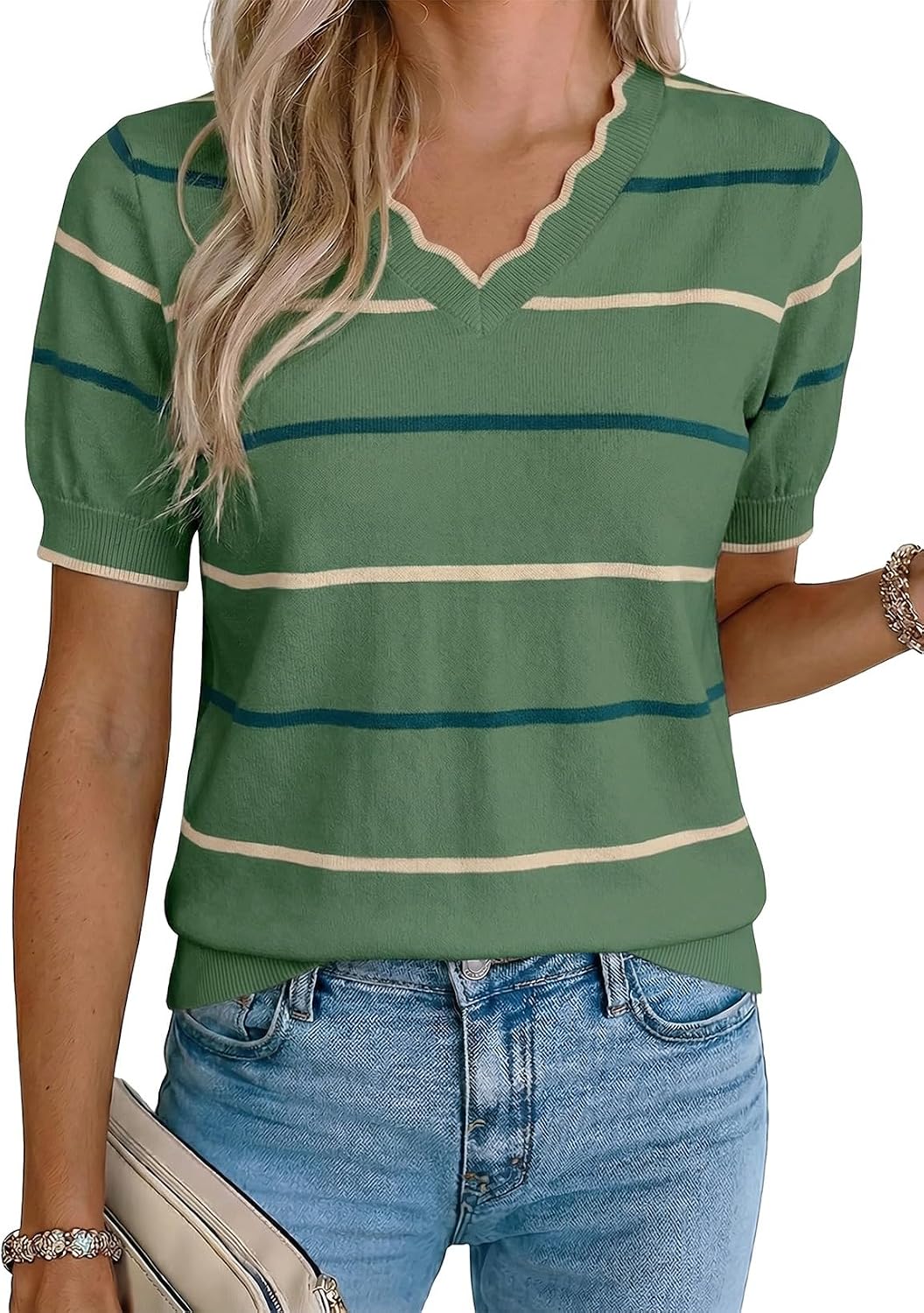 Yorick Women's Ruffle V-Neckline Knit Top – Short-Sleeve Design, Colour Block & Pullover