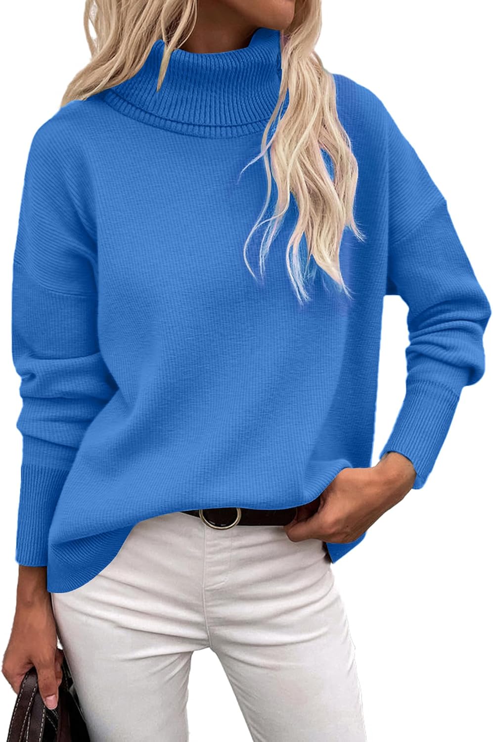 Indira Women's Turtleneck Sweater – Asymmetric Hem, Dropped-Shoulder Design & Loose Silhouette
