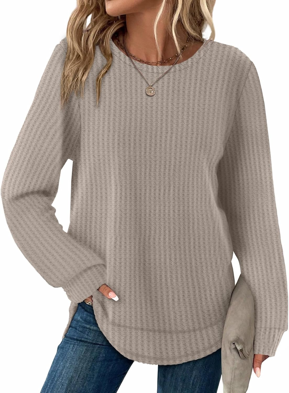 Ottoline Women's Waffle Knit Tunic Top – Crewneck, Full-Length Sleeves & Curved Hem