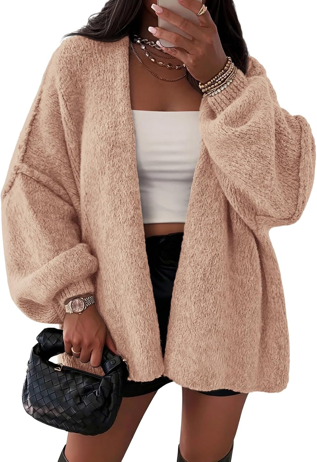 Thea Women's Oversized Cardigan – Balloon Sleeves, Dropped-Shoulder Design & Open-Front Design