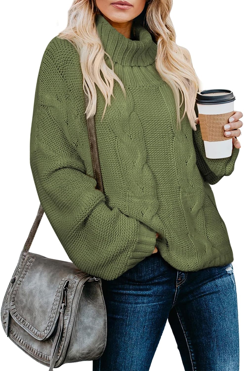 Genevra Women's Cable Knit Turtleneck Sweater – Dolman Sleeves, Cropped Fit & Ribbed Hem