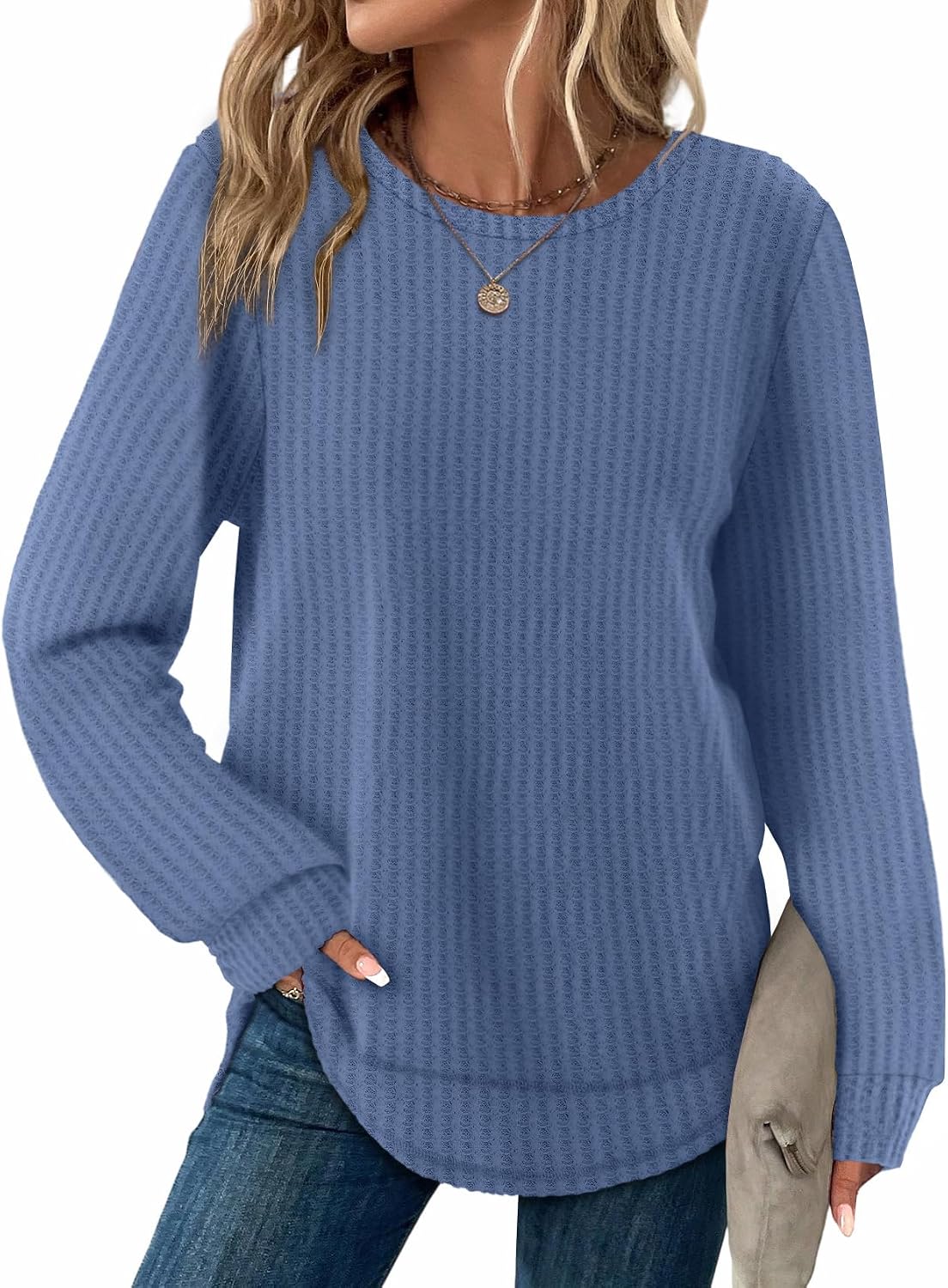 Ottoline Women's Waffle Knit Tunic Top – Crewneck, Full-Length Sleeves & Curved Hem