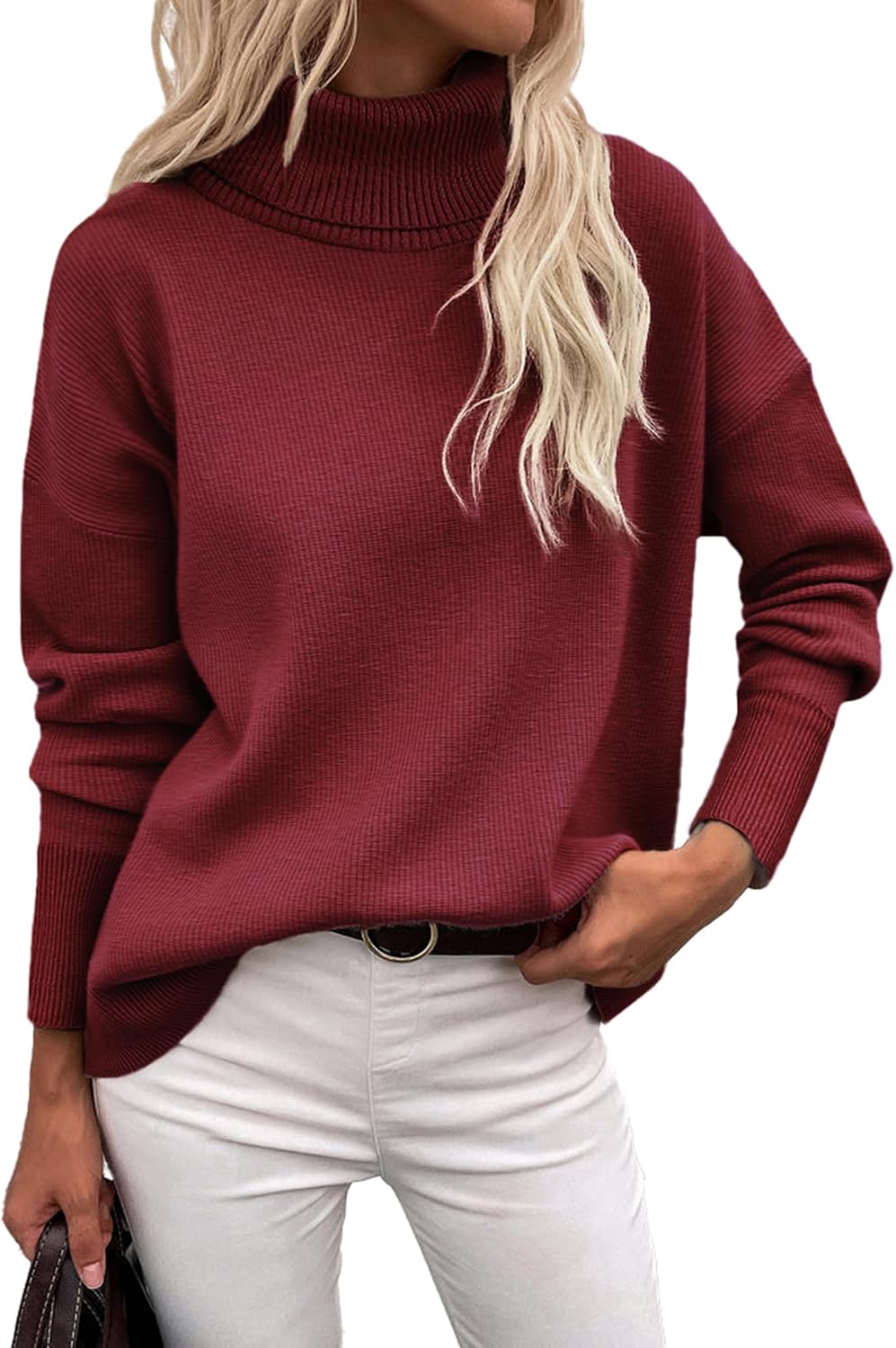 Indira Women's Turtleneck Sweater – Asymmetric Hem, Dropped-Shoulder Design & Loose Silhouette