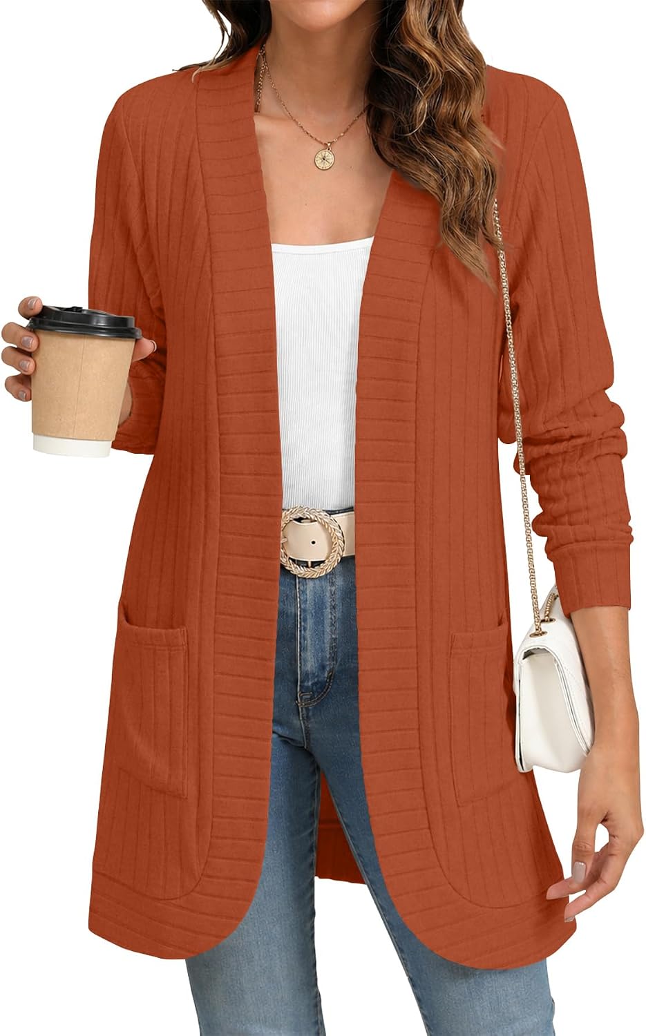 Elspeth Women's Ribbed Open-Front Cardigan – Full-Length Sleeves, Relaxed Silhouette & Side Slip Pockets