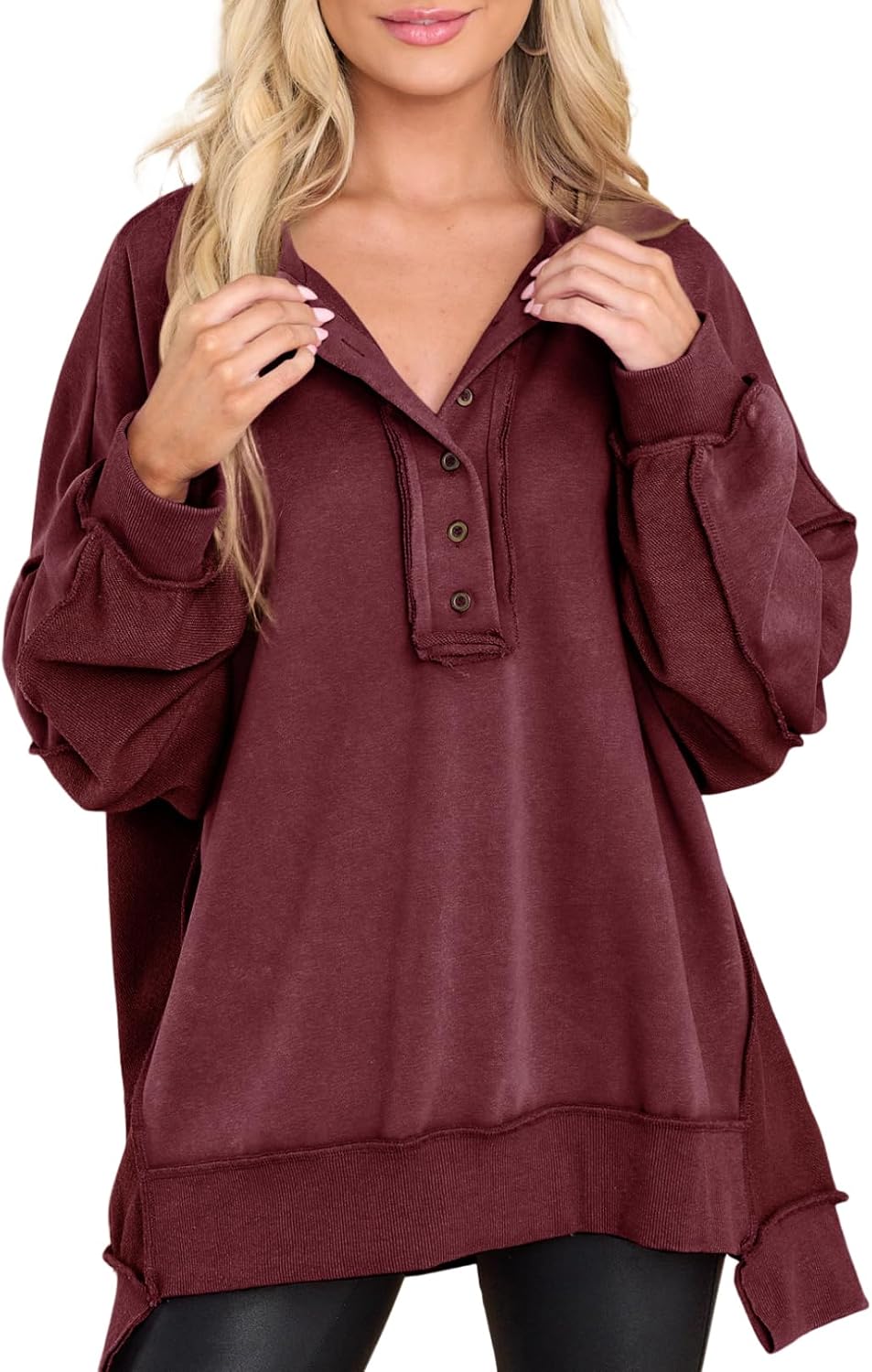 Jovie Women's Henley Sweatshirt – Button V-Neckline, Dropped-Shoulder Design & Loose Silhouette