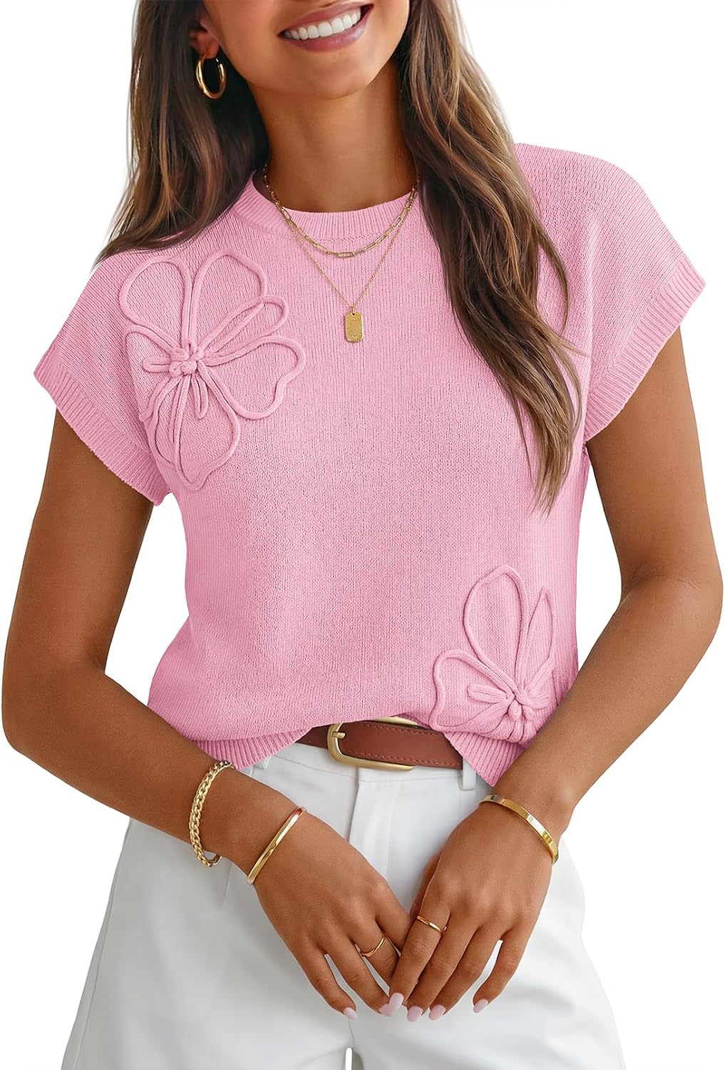 Larkin Women's 3D Floral Knit Top – Cap Sleeves, Round Neckline & Easy Fit