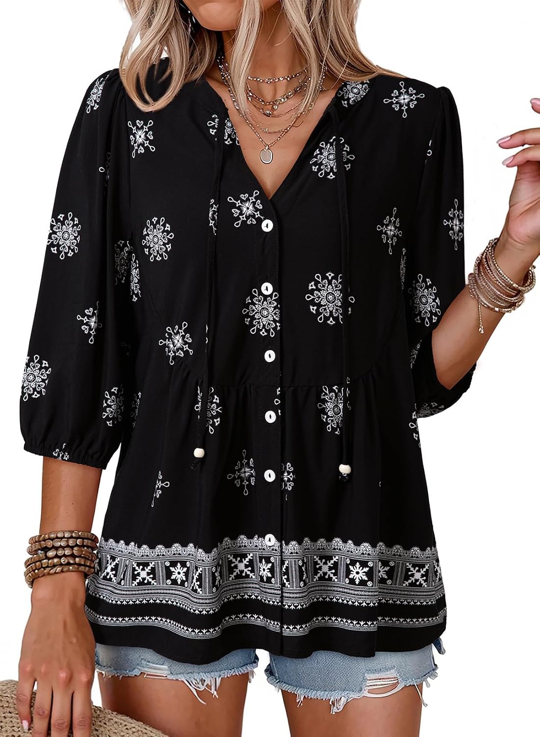 Blythe Women's Floral Peplum Blouse – V-Neckline, Tie Front & Button-Down Design