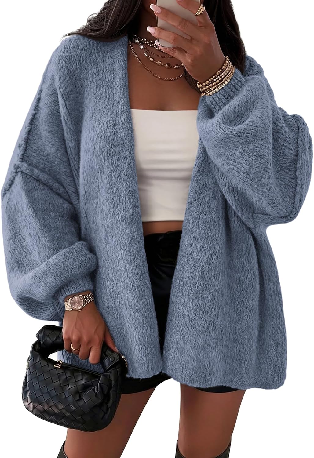Thea Women's Oversized Cardigan – Balloon Sleeves, Dropped-Shoulder Design & Open-Front Design