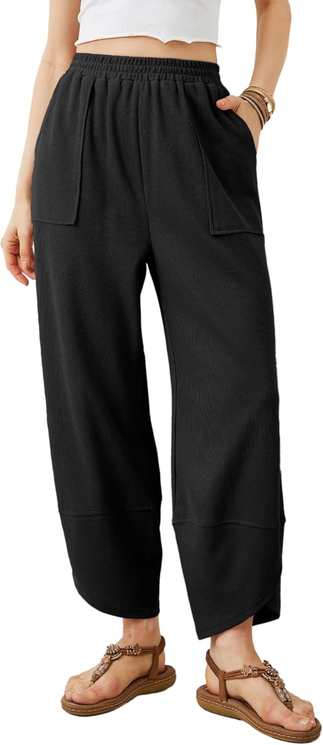 Faye Women's Wide-Leg Palazzo Trousers – Smocked Waist, Curved Hem & Side Slip Pockets
