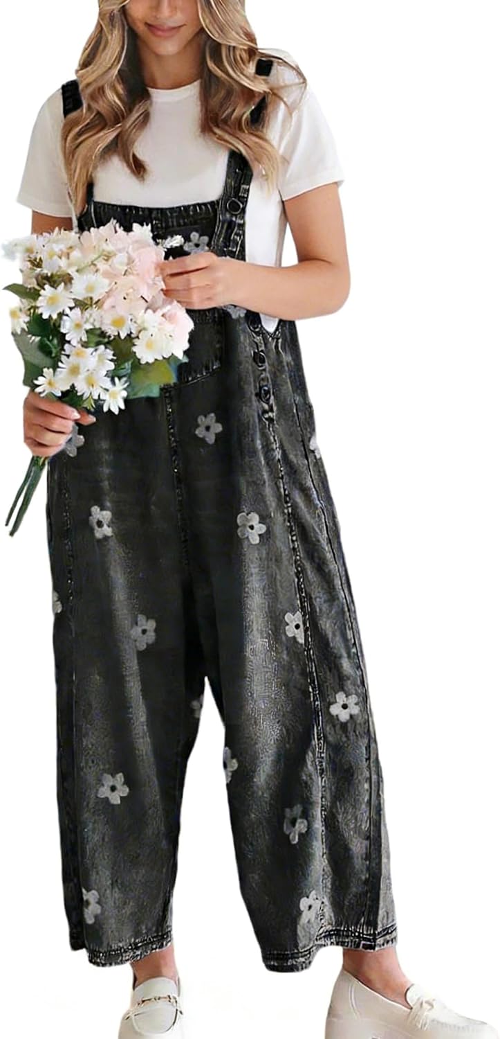 Kingsley Women's Floral Denim Overalls – Wide Leg, Adjustable Straps & Multiple Handy Pockets