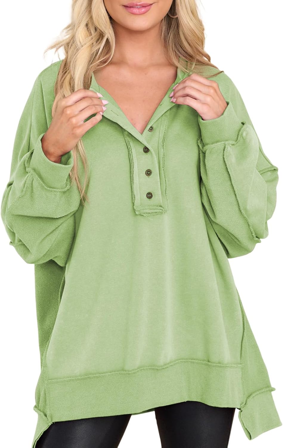 Jovie Women's Henley Sweatshirt – Button V-Neckline, Dropped-Shoulder Design & Loose Silhouette