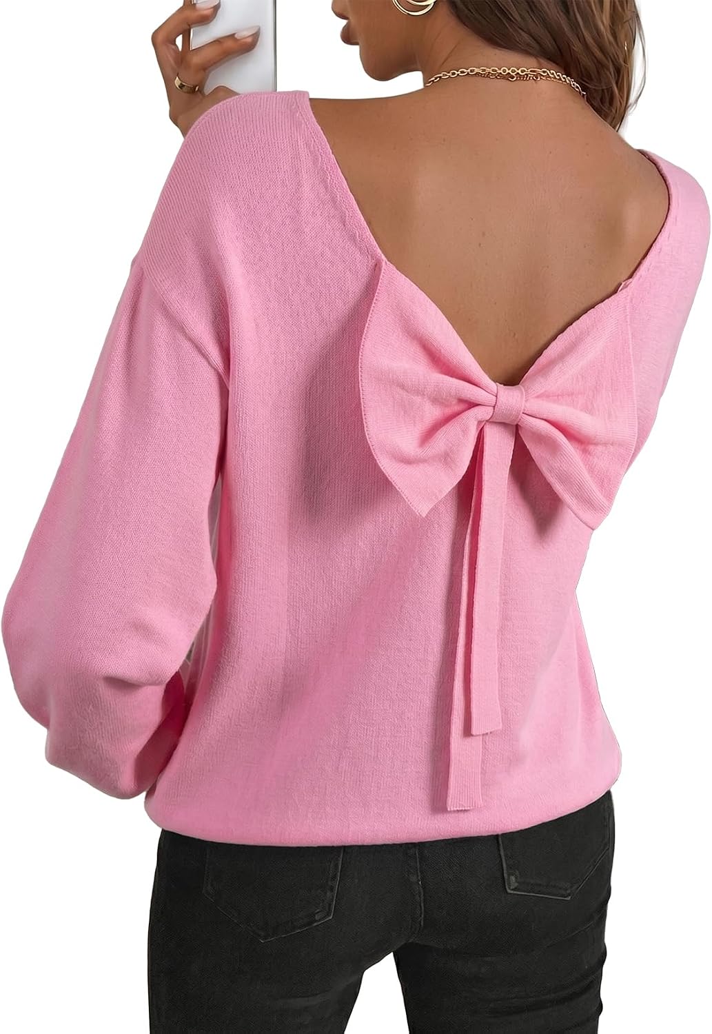 Cormac Women's Back Bow Knit Sweater – Open Back, Balloon Sleeves & Comfortable Fit
