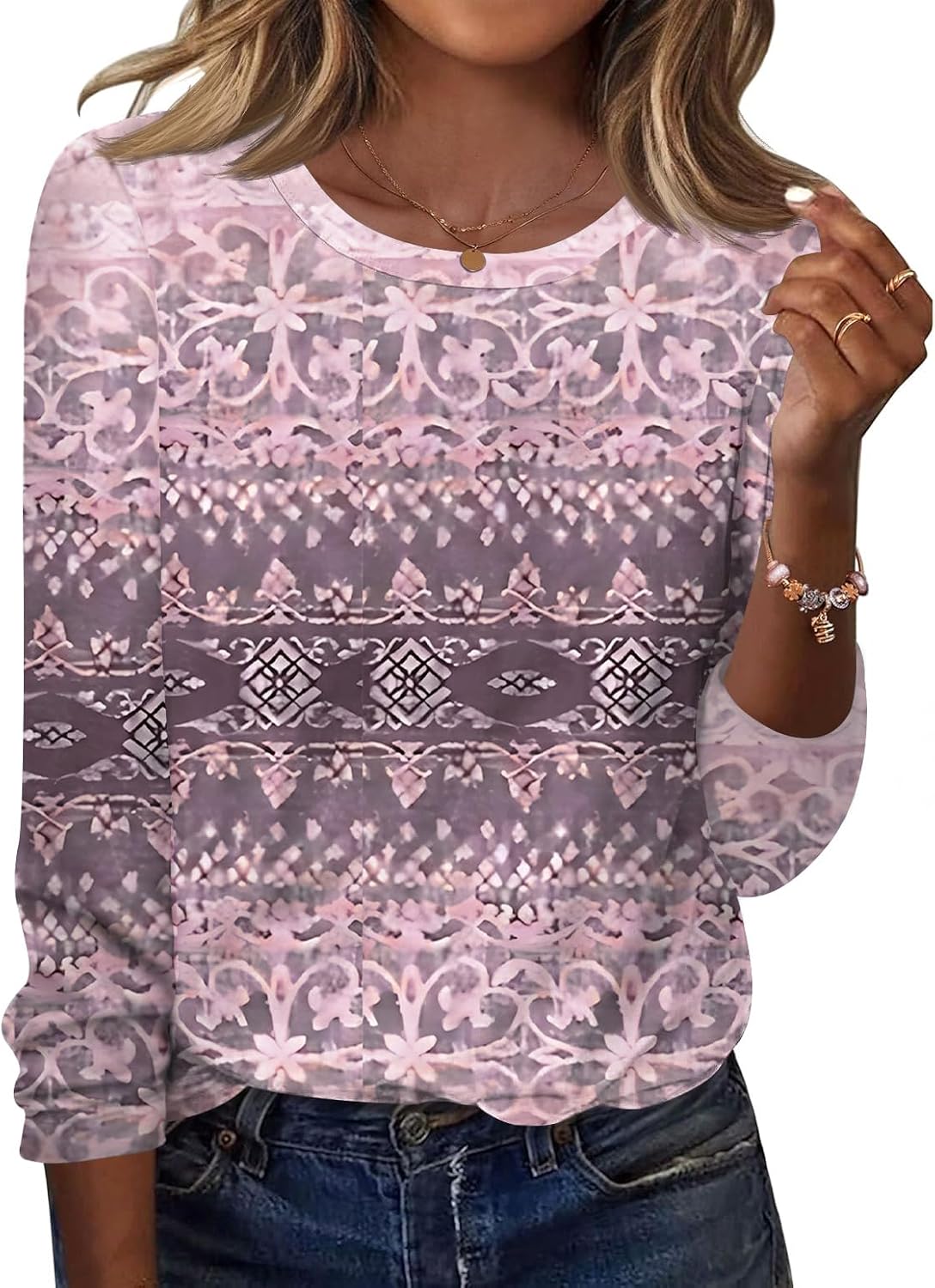Anders Women's Printed Long Sleeve Top – Crewneck, Curved Hem & Easy Fit