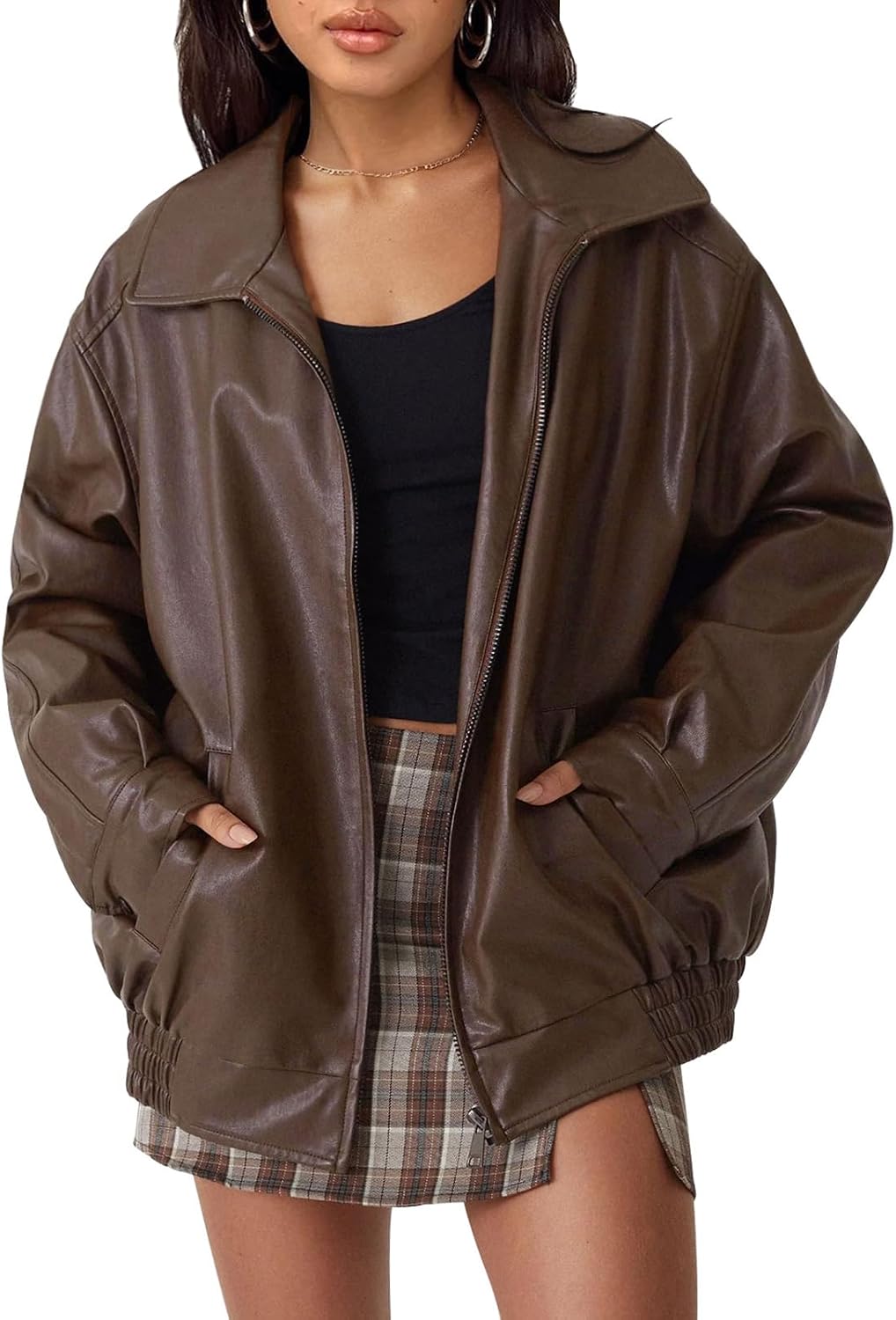Tindra Women's Oversized Vegan Leather Jacket – Biker Style, Zip-Up Front & Boyfriend Fit