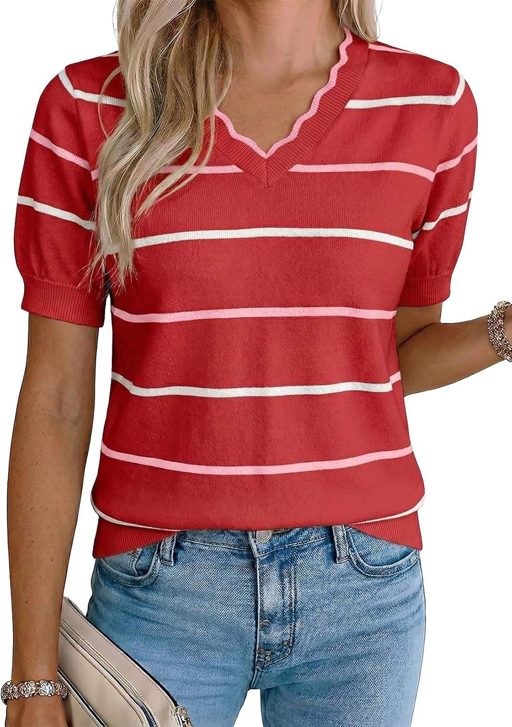 Yorick Women's Ruffle V-Neckline Knit Top – Short-Sleeve Design, Colour Block & Pullover