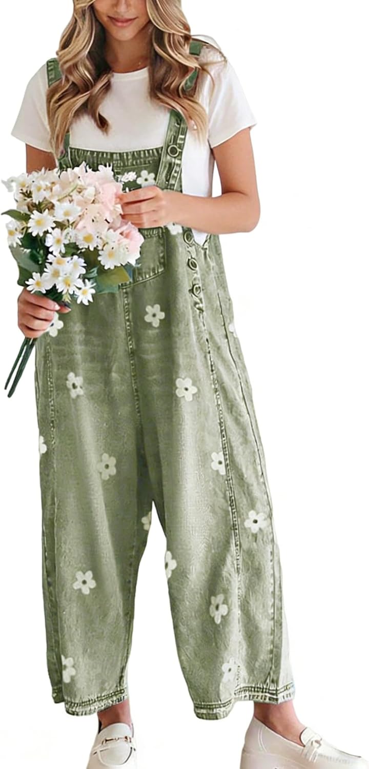 Kingsley Women's Floral Denim Overalls – Wide Leg, Adjustable Straps & Multiple Handy Pockets