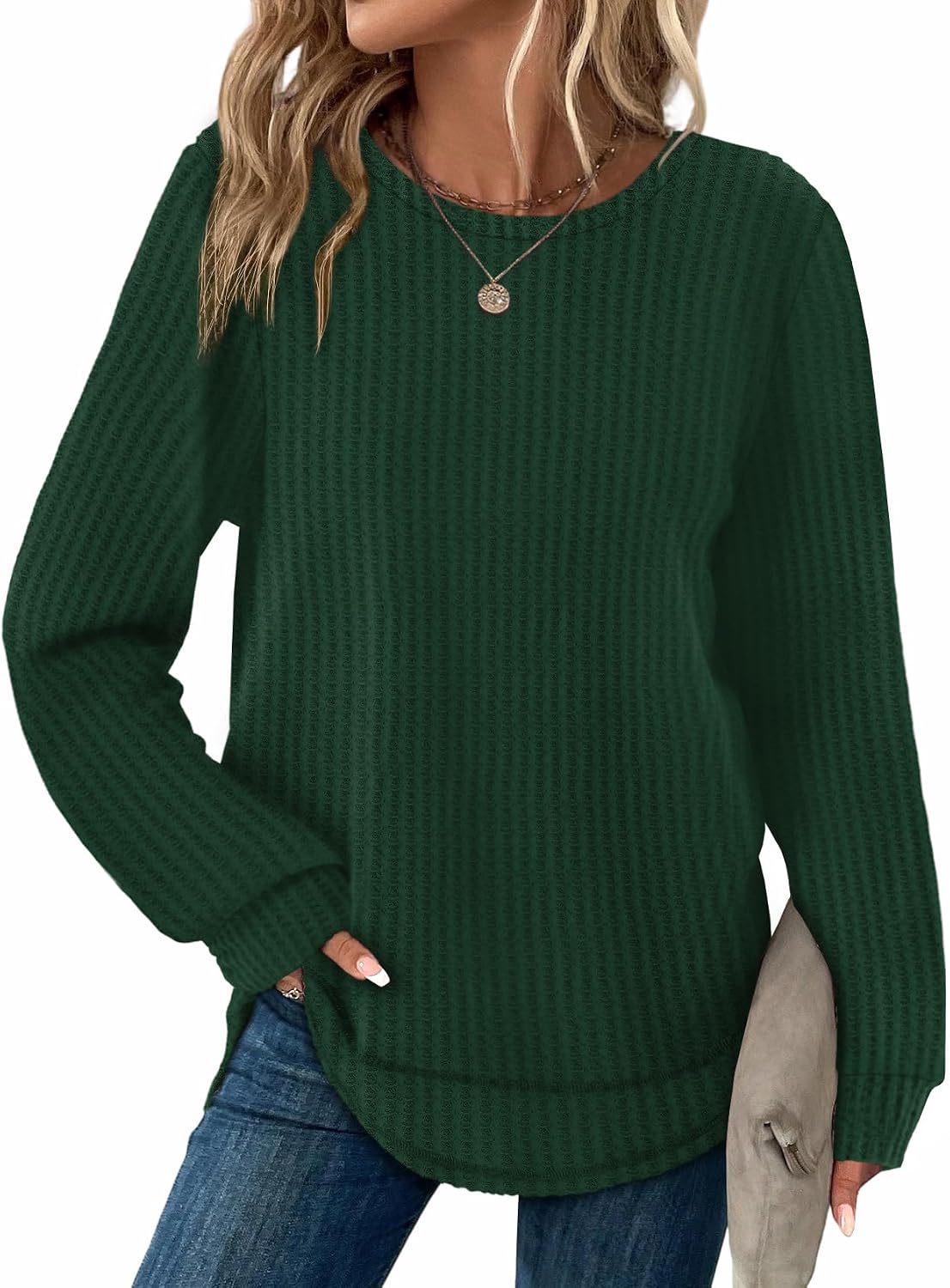 Ottoline Women's Waffle Knit Tunic Top – Crewneck, Full-Length Sleeves & Curved Hem